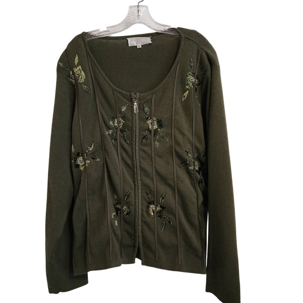 Juliette Womens Green Embroidered Zip-Up Sweater With Beaded Details XXL